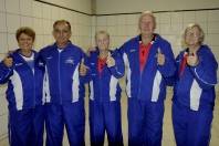 Dona Ivone T. Paula, José Pierri, Amandus Willi Wolf, Inácio Petry e Lidvina Hawvrrotz com os novos uniformes para competir no JASTI em Araquari. - Fotografo: Phelippe José - Data: 06/04/2015
