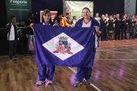 Atletas Augusta e  Celestina da Felej desfilam na solenidade de abertura dos 18º  JASTI  em Criciúma - Fotografo: Phelippe José - Data: 16/05/2015