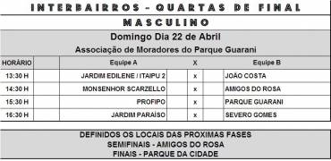 Tabela dos 9ºs Jogos Interbairros de Futebol de Areia que serão realizados neste domingo (22/4). - Fotografo: Divulgação Felej - Data: 19/04/2012